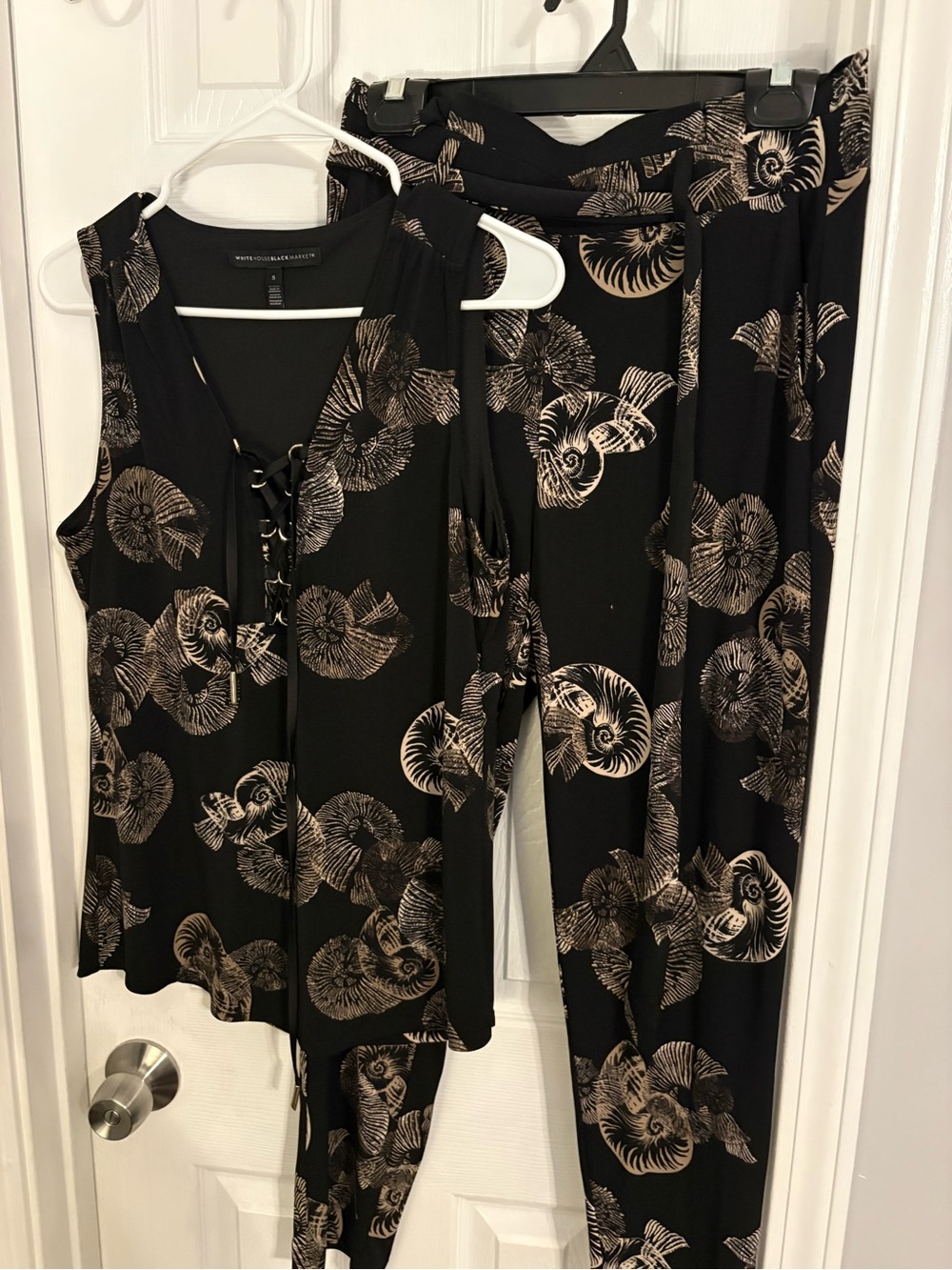 White House Black Market Black and Cream Lace-Up Floral Shell Top & Pants SET